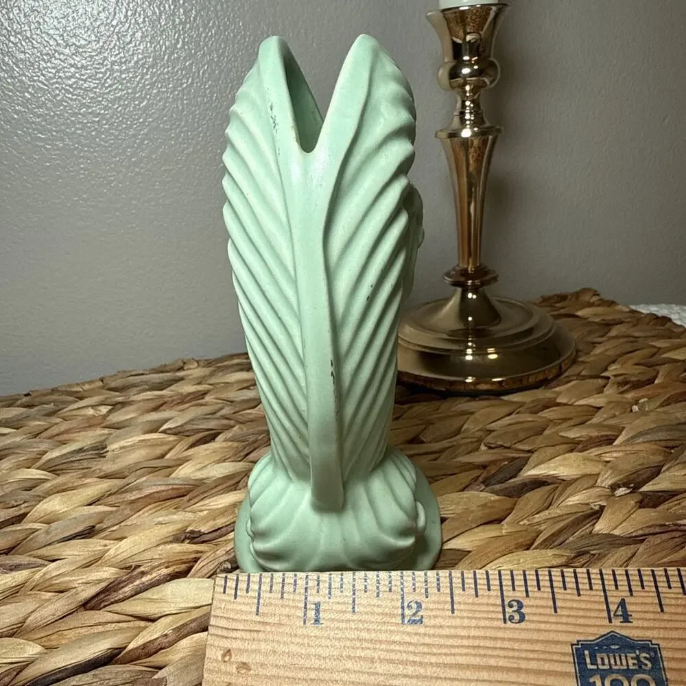 MCM Mint Green Nautilus Shell Vase Fiddlehead Fern Style Matte Pottery Decor